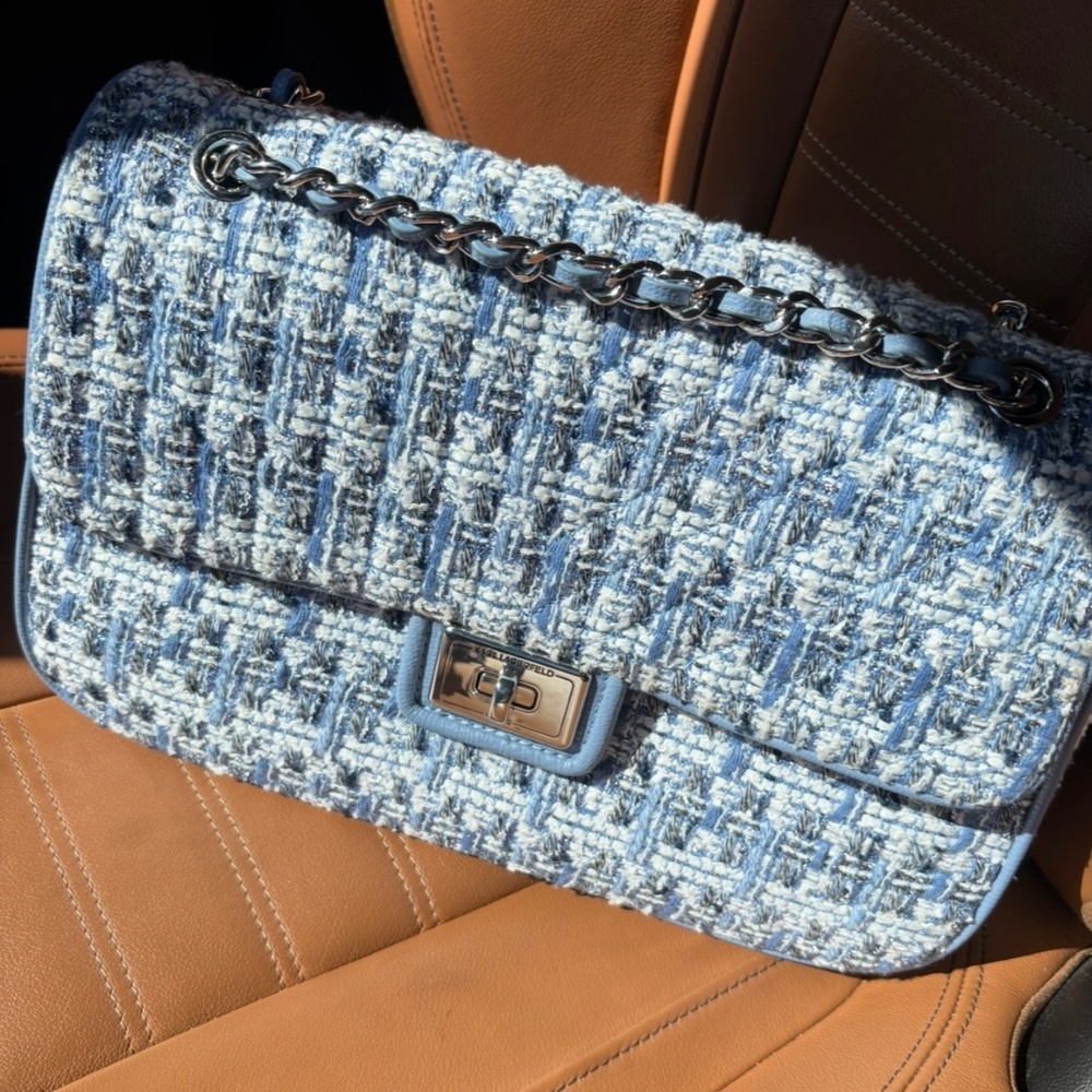Karl Lagerfeld NWT Blue White Tweed Twist Lock Shoulder Bag